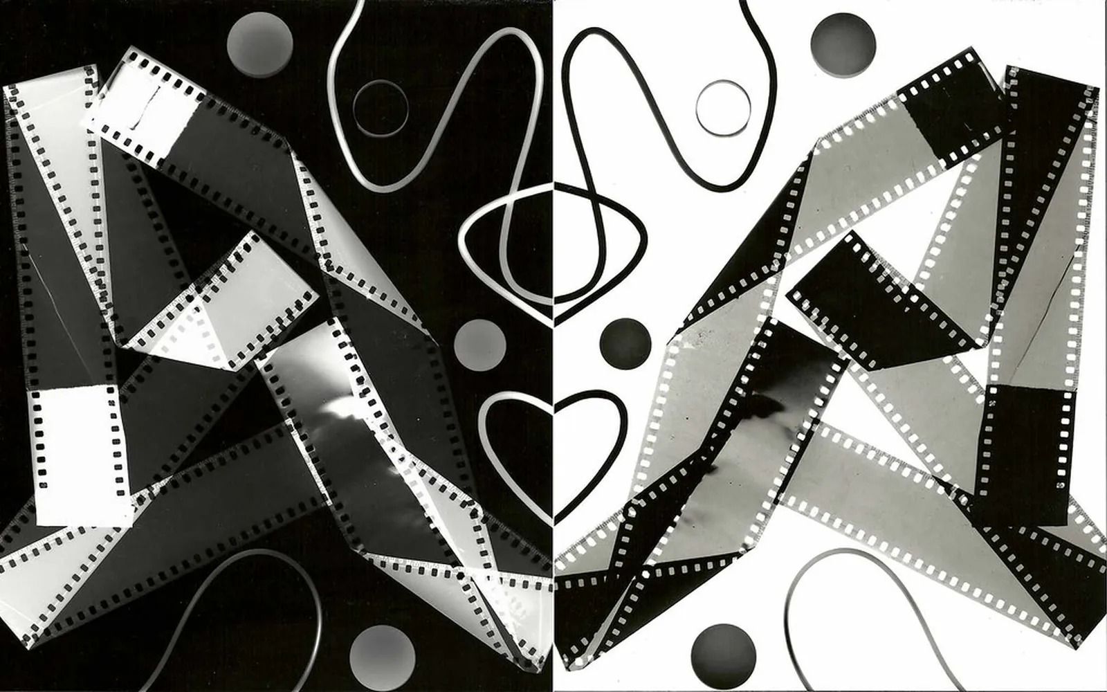 Black and white photogram shown as negative and positive side by side, with film strips, discs and loops of string forming white and black shapes